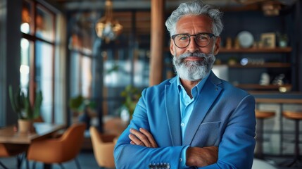 Obraz premium A bearded, glassed man stands before a table, arms crossed Chairs and a potted plant are nearby