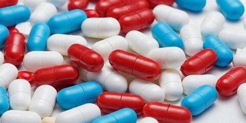 Blue and red pills on white background. 3d render illustration.