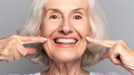 An elderly woman with gray hair joyfully points to her pearly white teeth and shows wide and bright smile, light background. Concept of successful dental cosmetic procedure, good oral hygiene