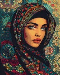 A Palestinian woman in a thobe, embroidered with traditional Palestinian patterns, popart