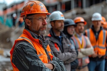 Confident construction supervisor in high-visibility clothing overseeing workers in the blurred background at a construction site