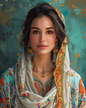 A Pakistani woman in a shalwar kameez, showcasing the beauty of South Asian garments, popart
