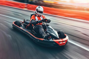 racer driving gokart at full speed on track wearing helmet and racing suit action sports photography - obrazy, fototapety, plakaty