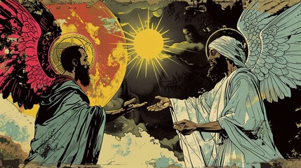 Naklejka premium Muhammad receiving the Quran from the Angel Gabriel, popart