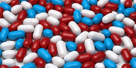 Red, white and blue pills on white background.