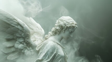 Marble sculpture of a guardian angel with feathered wings, standing solemnly in swirling fog