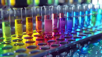 A row of clear and colorful glass test tubes filled with various colored liquids sits in a laboratory rack of science, medicine, and research 