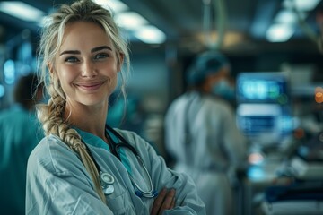 Fototapeta premium A female healthcare professional wearing a stethoscope stands in a hospital setting