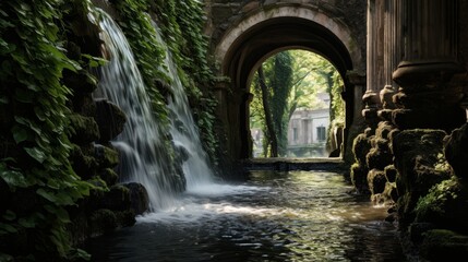 Obraz premium Roman aqueduct's water cascades down ornate fountain creating sound