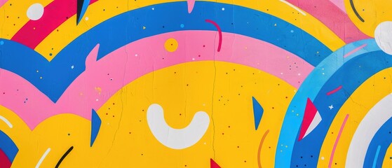 Obraz premium A risograph-style illustration bursts with color, combining magenta, yellow, and blue tones with playful rainbow shapes on a bright and cheerful background.