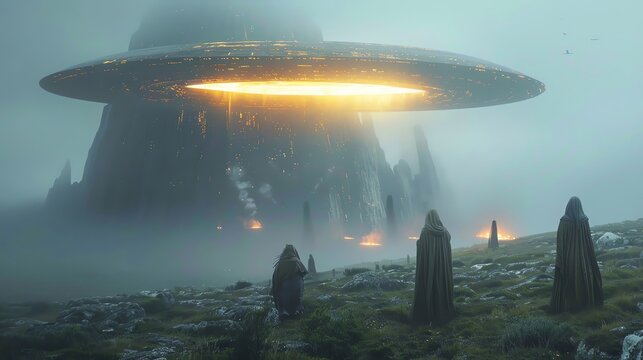 Neolithic people encountering a glowing UFO, merging ancient history with extraterrestrial technology