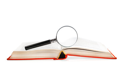 open book in a red hardcover with a magnifying glass on a white background. learning concept
