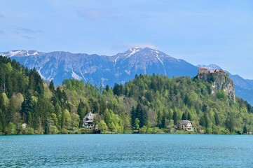 Breathtaking Scenery of Lake Bled, Julian Alps and Bled Castle in Slovenia
