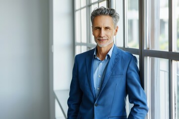 Fototapeta premium A man in a blue suit stands confidently in front of a window, framed by the natural light pouring in