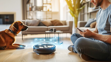 A young man sitting on a clean floor with a pet dog configures operation of an autonomous robot vacuum cleaner from his phone. Smart home system in everyday use, cleaning and cleanliness