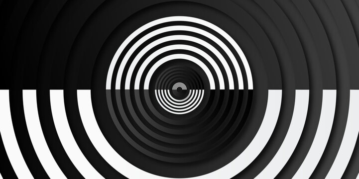 Black and white abstract background with circle lines spiral. Circle line white swirl burst on black background.  Optical illusion tunnel with black and white pattern. Black hole op art tunnel.