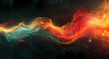 Illustration of a digital data wave with fiery colors flowing across a dark background