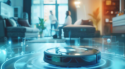 High-tech robot vacuum cleaner in modern living room, against blurred background of person's daily life. Smart home system, innovations and latest electronic computer technologies in everyday use
