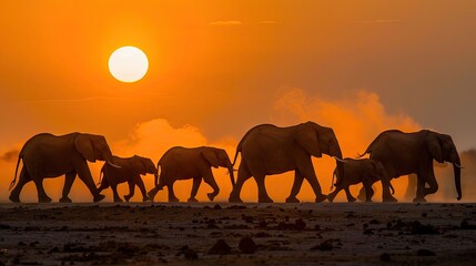 Fototapeta na wymiar A striking photograph capturing a group of elephants forced to move from dry areas due to deteriorating food conditions and access to water caused by climate change.
