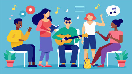 Fototapeta premium A group music therapy session for individuals with bipolar disorder incorporates a variety of musical genres and activities to support mood regulation. Vector illustration
