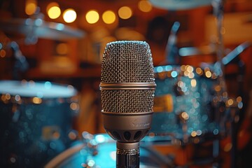 The image showcases a microphone on a stand placed among a drum set, emphasizing live music preparation - Powered by Adobe