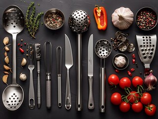 Set of stainless steel kitchen cooking utensils on dark table.Macro.AI Generative.