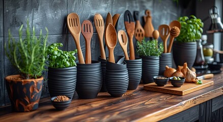 Set of  various wooden kitchen cooking utensils on large kitchen table.Macro.AI Generative.