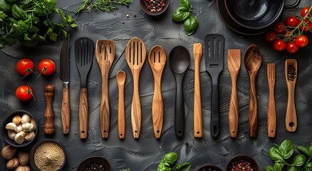 Set of wooden kitchen cooking utensils on dark table.Macro.AI Generative.