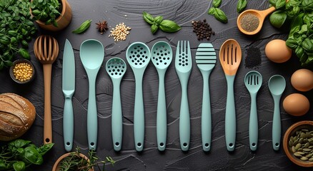 Set of blue marine plastic kitchen cooking utensils on dark table.Macro.AI Generative.