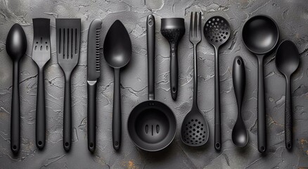 Set of black kitchen cooking utensils on dark table.Macro.AI Generative.