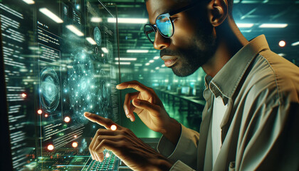 Fototapeta premium A man wearing glasses is looking at a computer screen with a green background. He is pointing at something on the screen