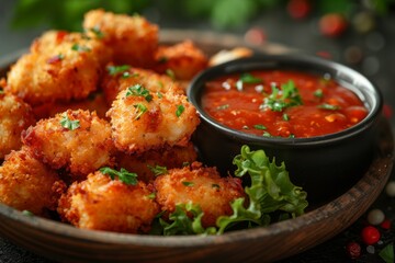 Fototapeta premium Crispy and golden fried chicken nuggets garnished with fresh parsley leaves, served with a side of savory dip