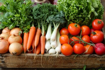 A variety of farm-fresh organic vegetables arranged neatly on a wooden chopping board, ready for cooking