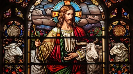A stained glass window depicting Jesus Christ as the Good Shepherd, with vibrant colors and intricate details