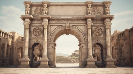 Obraz premium Stately entrance of Roman temple decorated with triumphal arch marking historical victory