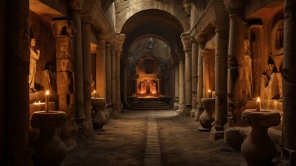 Obscured catacombs beneath Roman temple harbor revered figures in eternal sleep - obrazy, fototapety, plakaty
