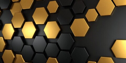 3d rendering of abstract metal hexagon shape background in black and gold color.