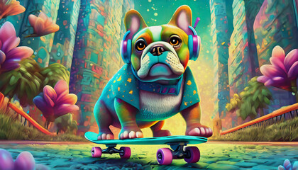 oil painting style cartoon character multicolored Cute English bulldog with headphones Riding Skateboard