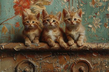adorable trio of kittens transfixed fly - obrazy, fototapety, plakaty