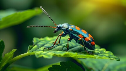 Vibrant Beetle Perched on Lush Green Leaf in Outdoor Nature Setting
