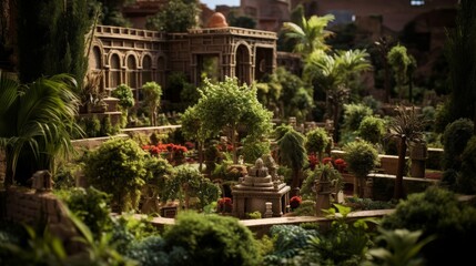 Terrace garden at Roman temple abundant with exotic plants and aromatic herbs