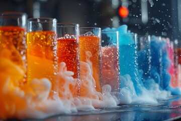 Multiple test tubes containing vibrant liquids with a dreamy smoke effect representing scientific research and experiments - Powered by Adobe