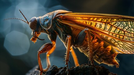 Dramatic Close-up of Vibrant Winged Insect Creature with Intricate Exoskeleton Details