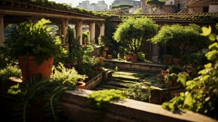 Rooftop garden of a Roman temple cultivating rare herbs