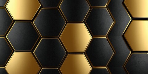 Black and gold metal hexagon background. 3d render illustration.