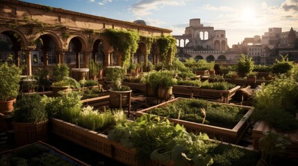 Naklejka premium Rooftop garden of a Roman temple cultivating rare herbs