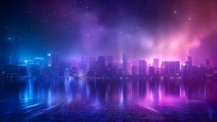 Vibrant city skyline on brick wall under starry night sky with space for text. Concept City Skylines, Brick Wall, Starry Night Sky, Text Space, Vibrant Colors