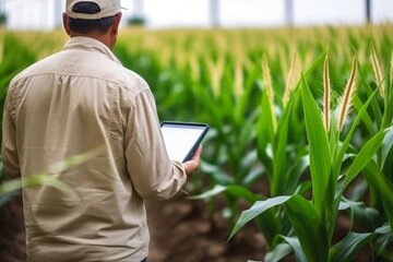 Obraz premium Male farmer using tablet in soybean agricultural field, modern technology farming innovation