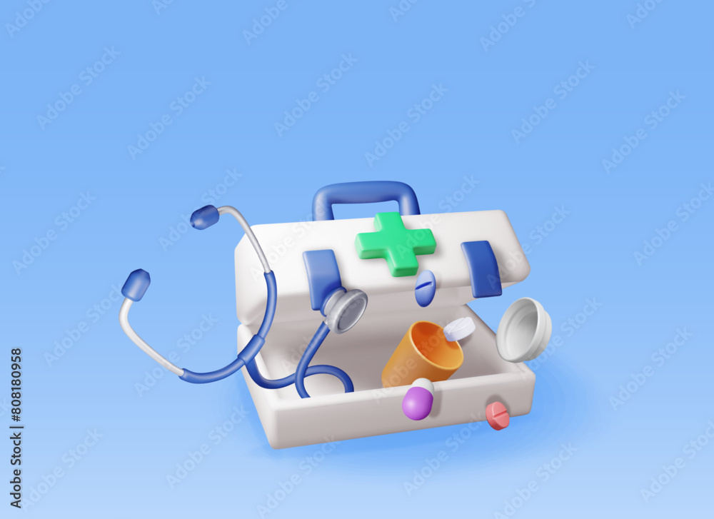 Wall mural 3d first aid kit with stethoscope and pill container isolated. render bag for medicine and tablets. 