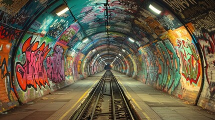urban art scene, artistic street tunnel now a vibrant graffiti haven with elaborate designs and vivid hues extending endlessly